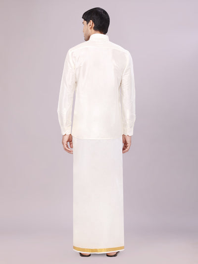 Mens Art Silk Cream Wedding Shirt with Flexi Dhoti and Nerial - Blessing Cream