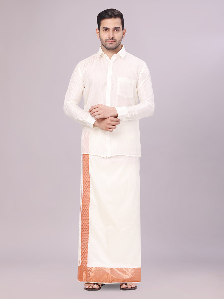 Men's Art Silk Cream Full Sleeves Shirt with 4" Copper Jari Border Dhoti Combo Neogen