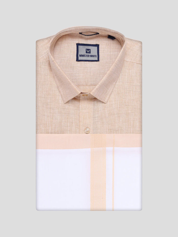Mens Light Sandal Colour Shirt with Matching Fancy Border Dhoti Combo Lemax