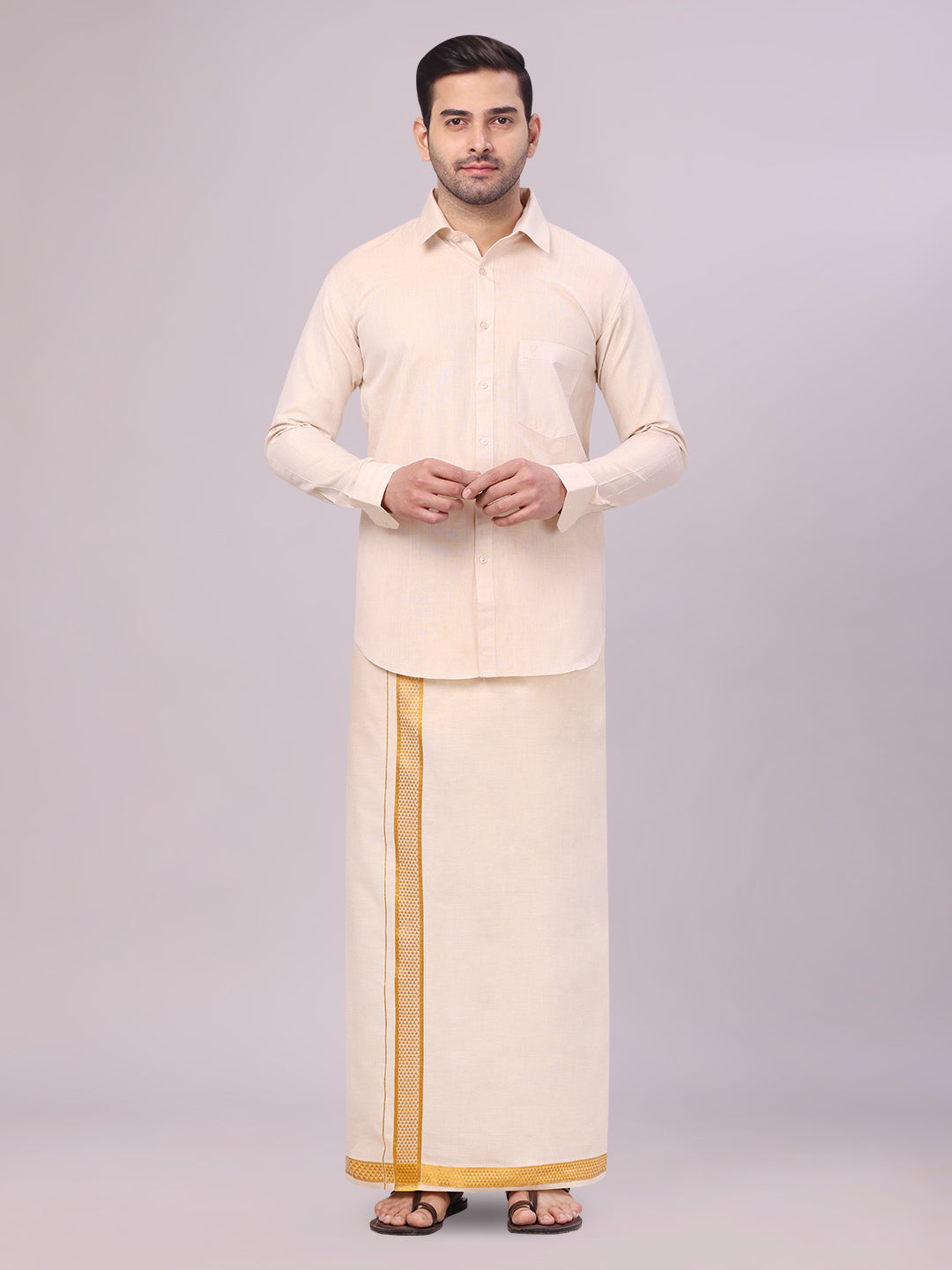 Men's Tissue Gold Shirt with Jacquard Fancy Border Dhoti Wedding Combo Nios