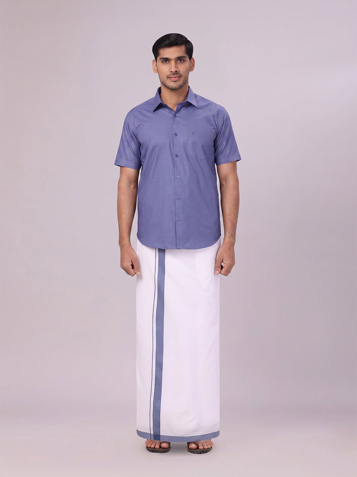Men's Blue Color Shirt with Matching Border Dhoti Combo Casper