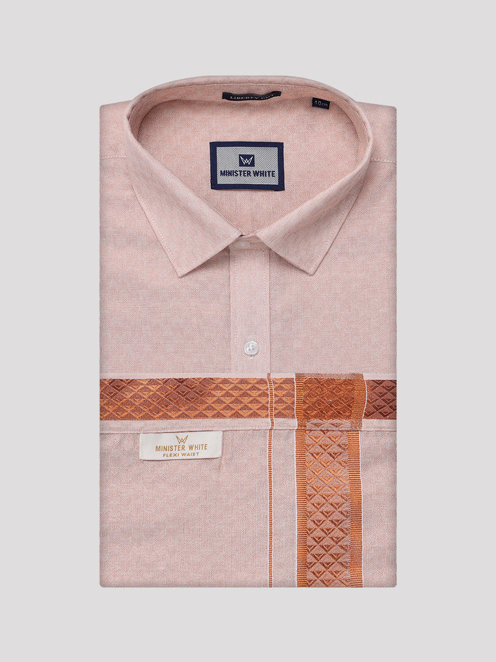 Men's Copper Tissue Shirt and Dhoti Set with Intricate Jacquard Border Plum