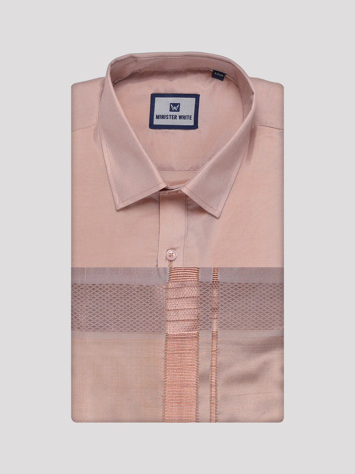 Mens Art Silk Light Copper Full Sleeves Shirt with Copper Jari Border Dhoti Combo Finesse