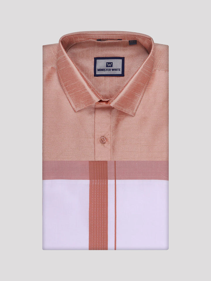 Mens Light Brown Dupion Satin Shirt with Matching Border Dhoti Combo Gora