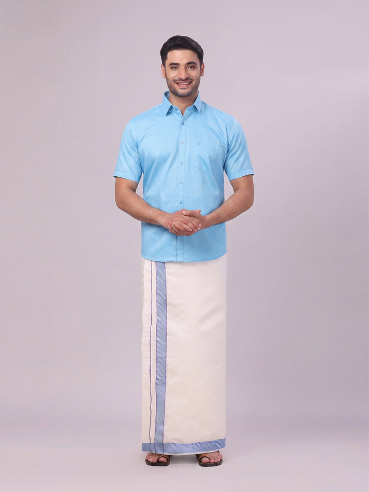 Men's Cotton Sky Blue Shirt and Airtex Matching Border Dhoti Combo Nector