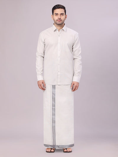 Men's Tissue Grey Shirt with Jacquard Fancy Border Flexi Dhoti Wedding Combo Nios