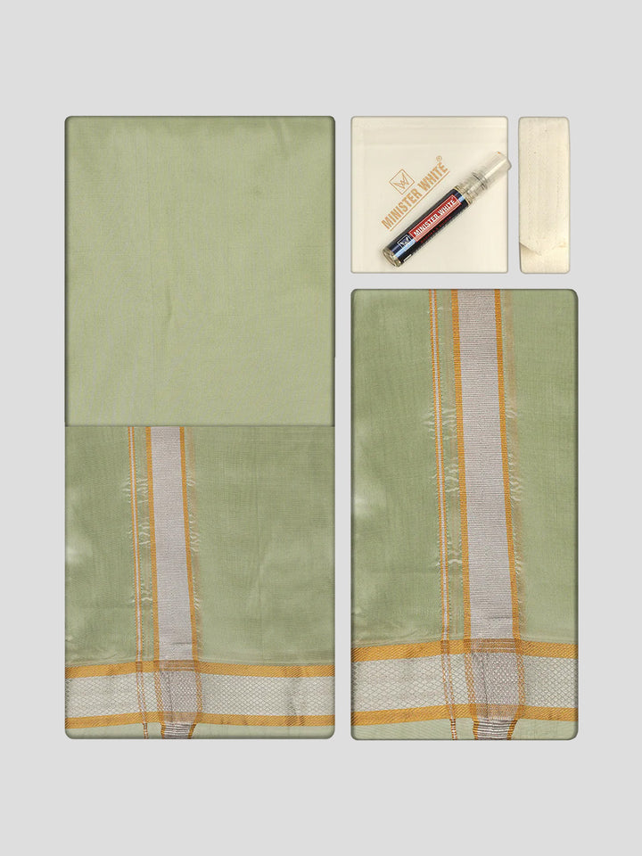 Men's Premium Art Silk Pista Green Shirt Bit with Gold Jari Border Dhoti Towel Combo Wedding Wonders