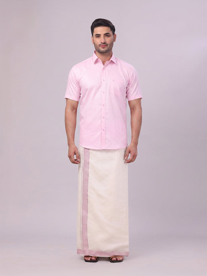 Men's Cotton Light Rose Shirt and Airtex Matching Border Dhoti Combo Nector