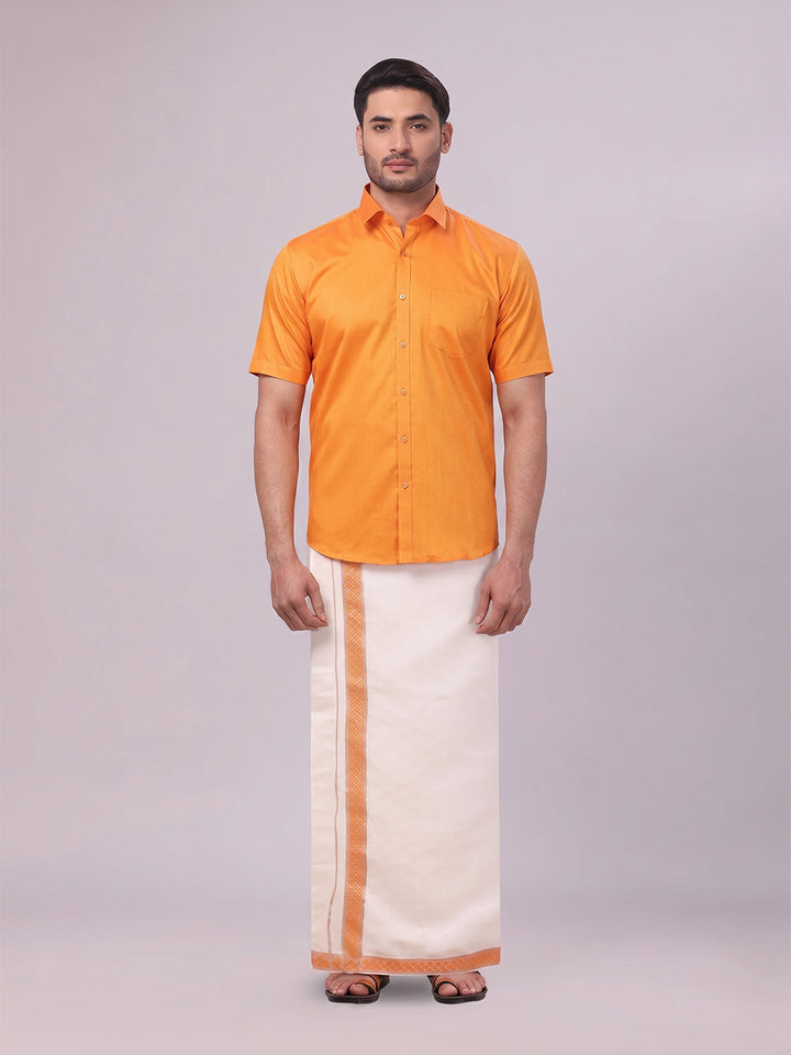 Men's Cotton Orange Shirt and Airtex Matching Border Dhoti Combo Nector