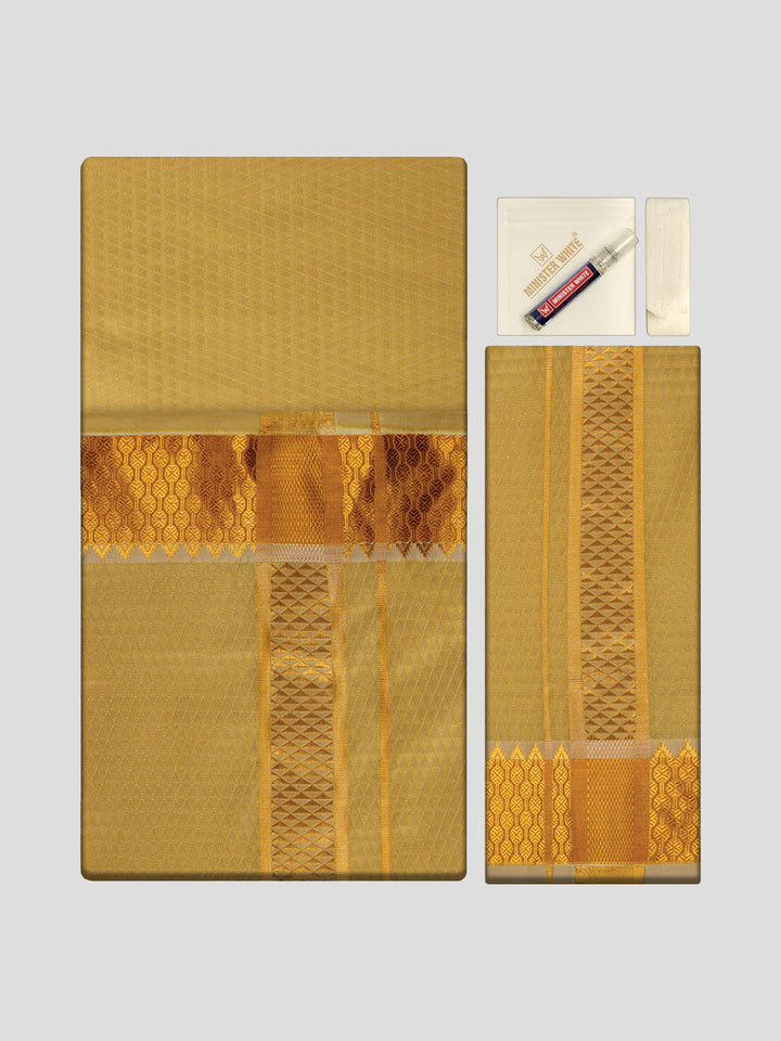 Men's Premium Art Silk Mango Shirt Bit with 2 1/2" Gold Jari Border Dhoti Towel Combo Sieger
