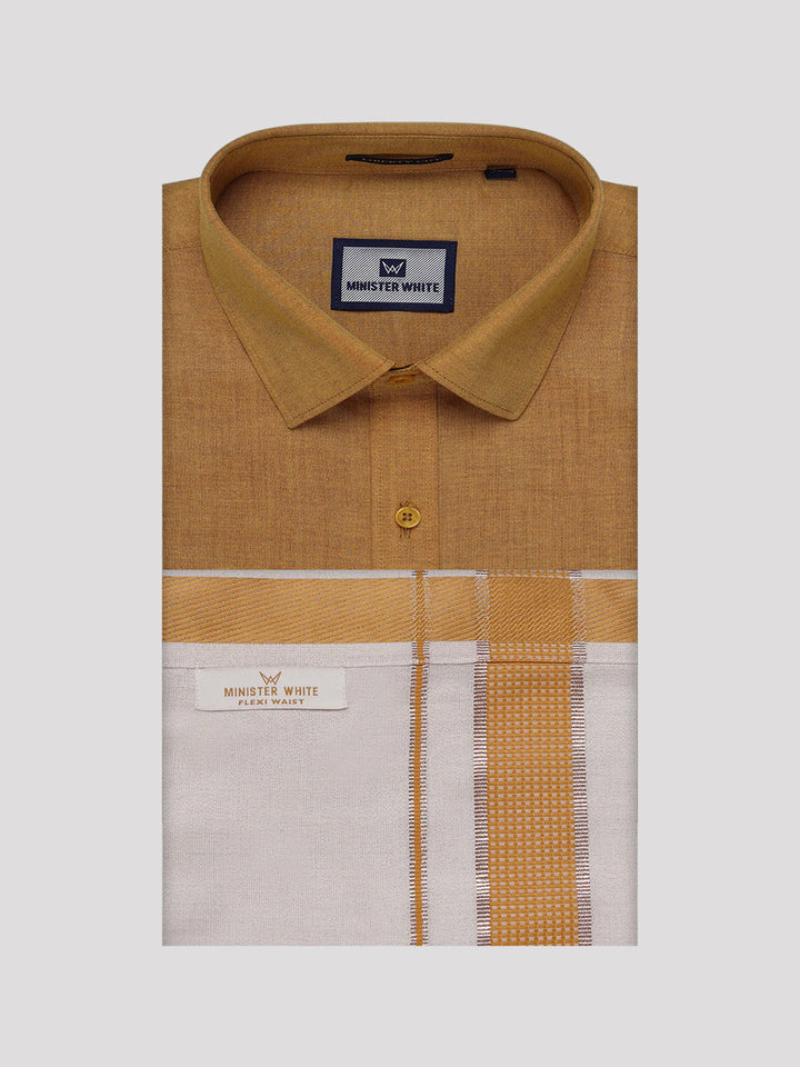 Men's Cotton Mustard Shirt with Tissue Matching Border Flexi Dhoti Wedding Combo Kandala