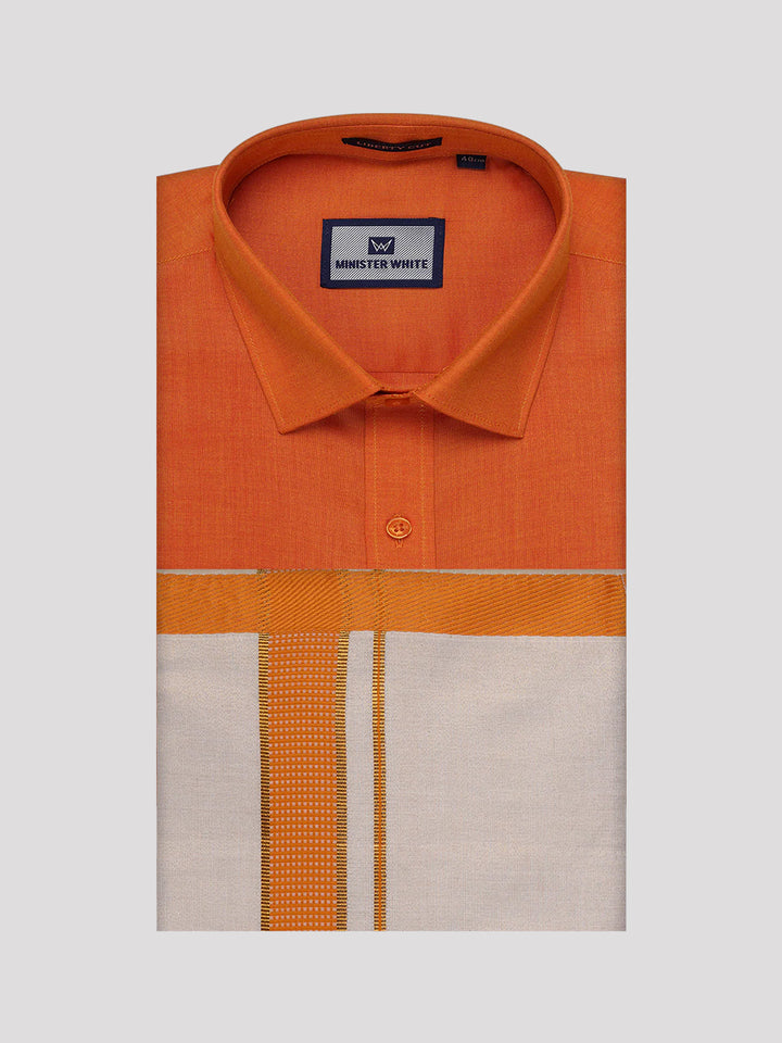 Men's Cotton Orange Shirt with Tissue Matching Border Dhoti Wedding Combo Kandala