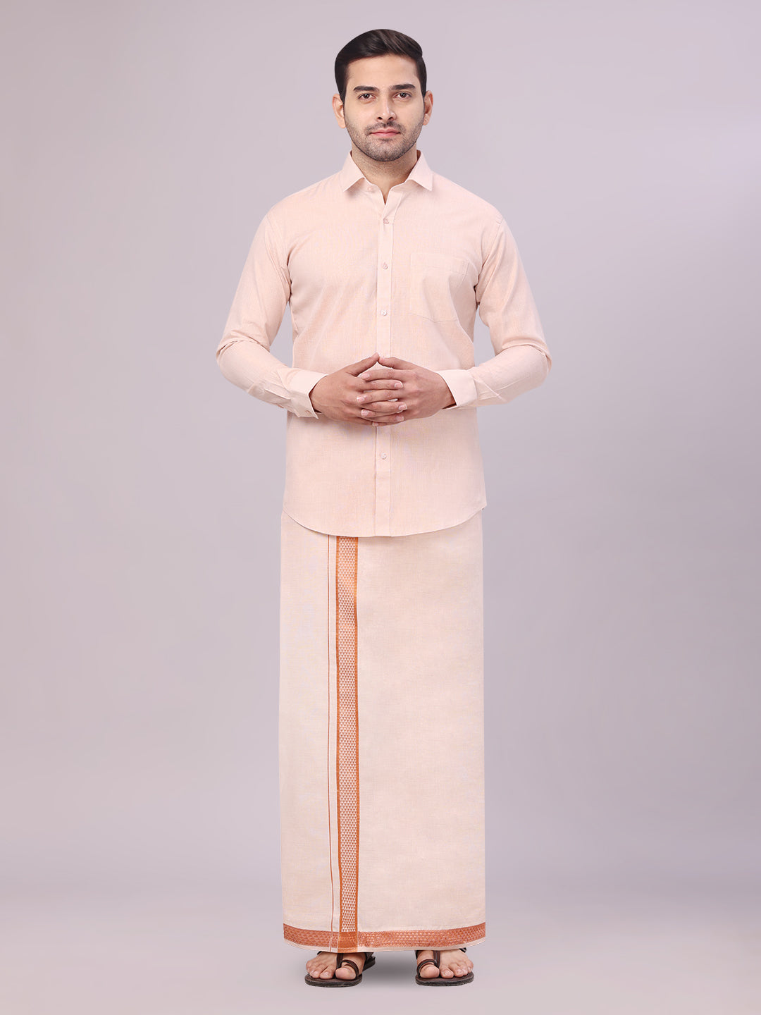 Mens Tissue Copper Shirt with Jacquard Fancy Border Dhoti Wedding Combo Nios