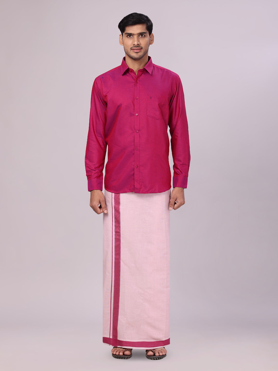 Mens Cotton Magenta Shirt with Tissue Matching Border Flexi Dhoti Wedding Combo Kandala