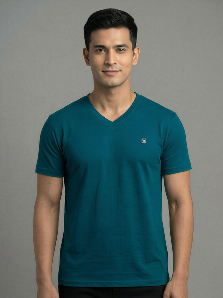 Men's Teal Regular Fit V-Neck T-Shirt Caliber