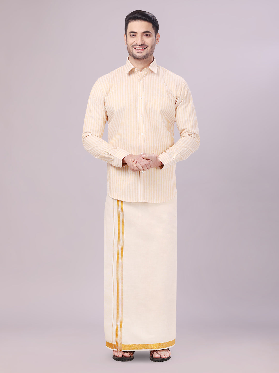 Mens Tissue Stripes Gold Shirt with Plain Jari Border Dhoti Wedding Combo Carter