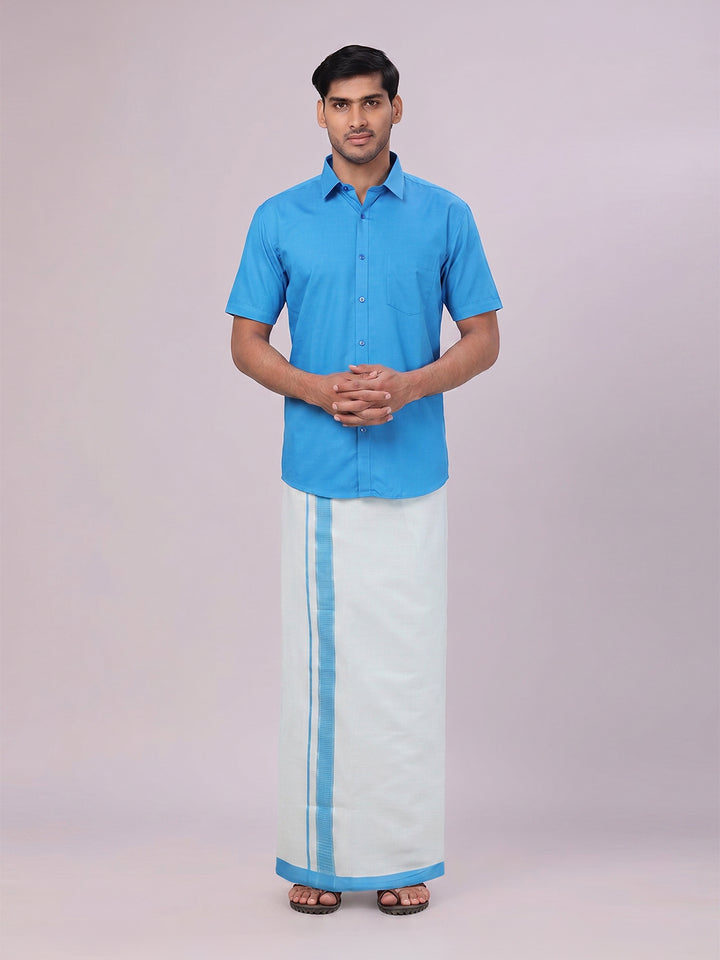Mens Cotton Blue Shirt with Tissue Matching Border Dhoti Wedding Combo Kandala