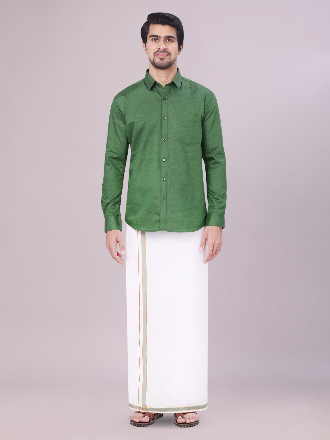 Men's Dark Green Shirt with Matching Border Dhoti Combo Pinto