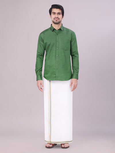 Men's Dark Green Shirt with Matching Border Dhoti Combo Pinto