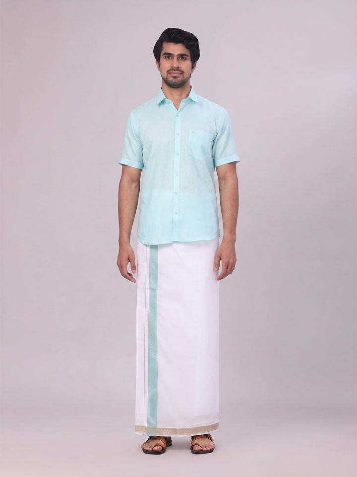 Men's Sea Green Shirt with Matching jacquard Weave Border Dhoti Combo Marsh