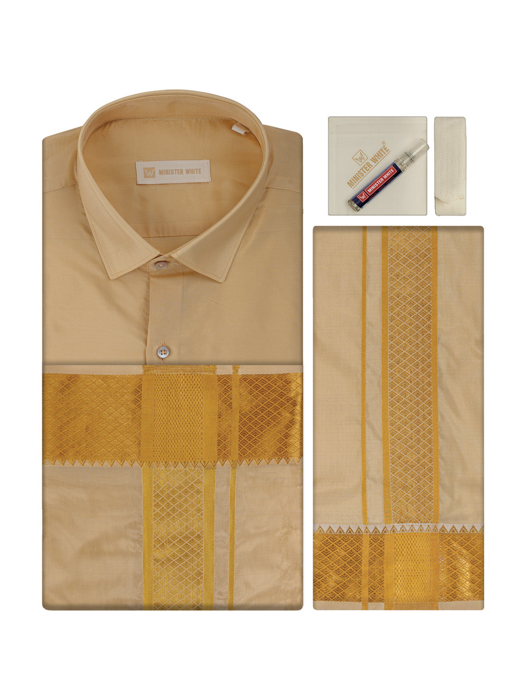 Mens Art Silk Fawn Gold Full Sleeves Shirt with 3"  Gold Jari Border & Towel Dhoti Combo Mangal