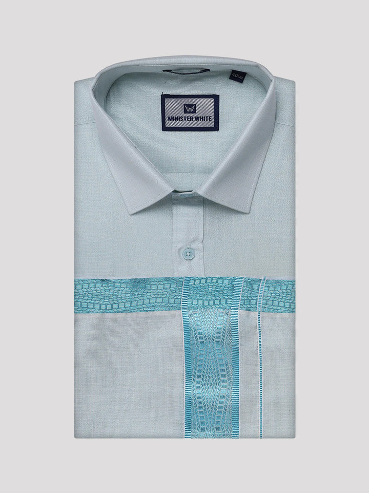 Men's Tissue Mint Blue Shirt with Jacquard Fancy Border Dhoti Wedding Combo Nios