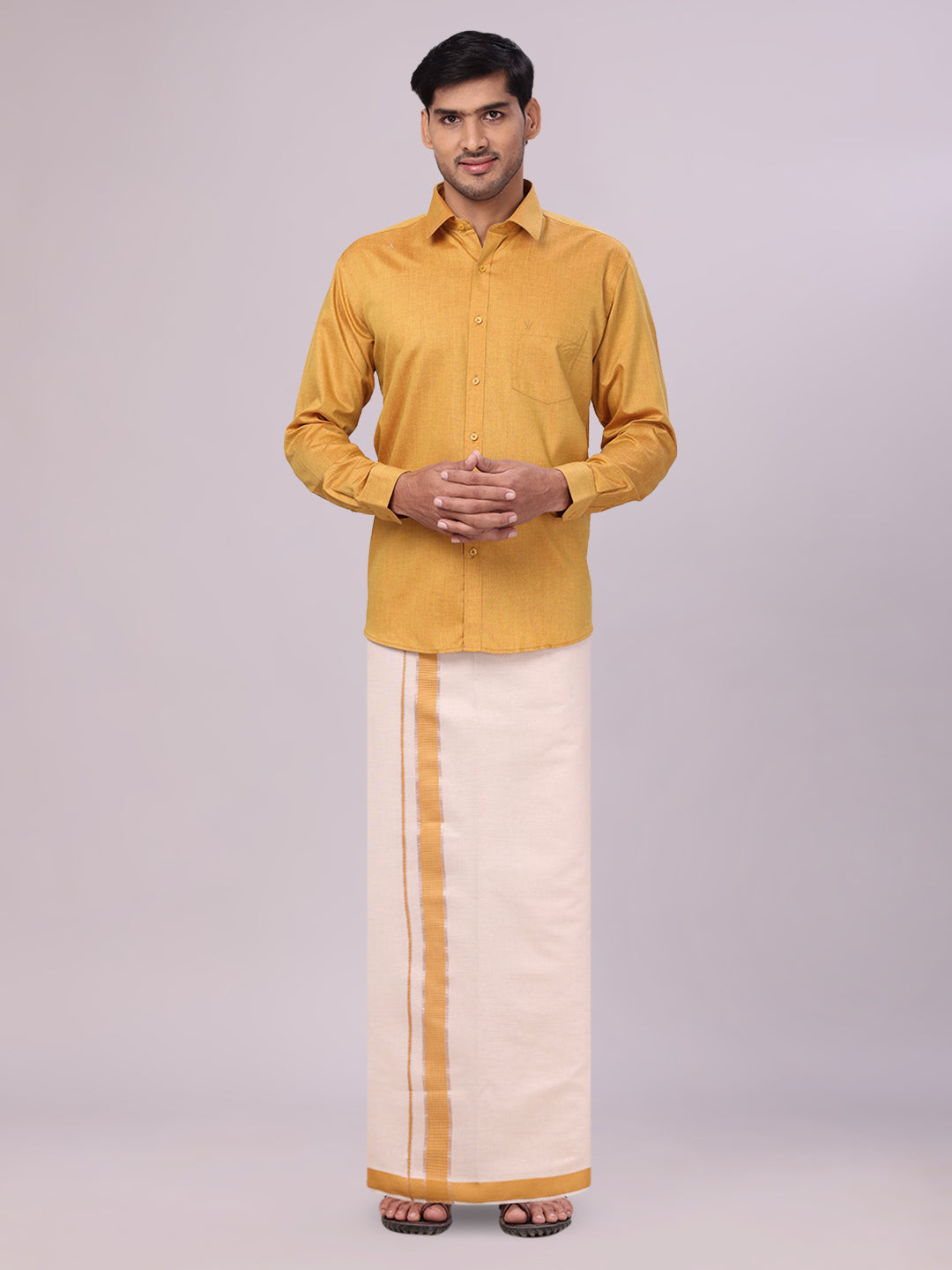 Mens Cotton Mustard Shirt with Tissue Matching Border Flexi Dhoti Wedding Combo Kandala