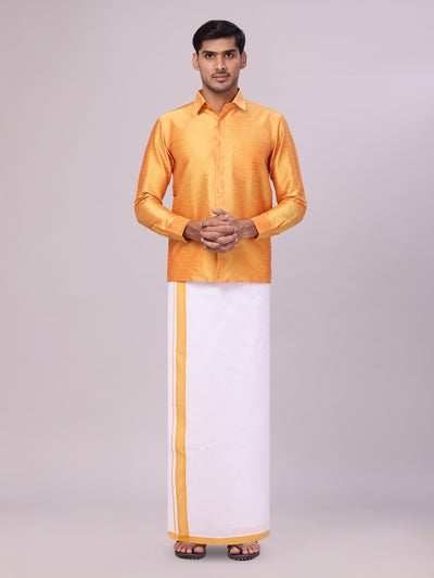 Men's Yellow Dupion Satin Color Shirt with Matching Border Flexi Dhoti Combo Gora Flexi