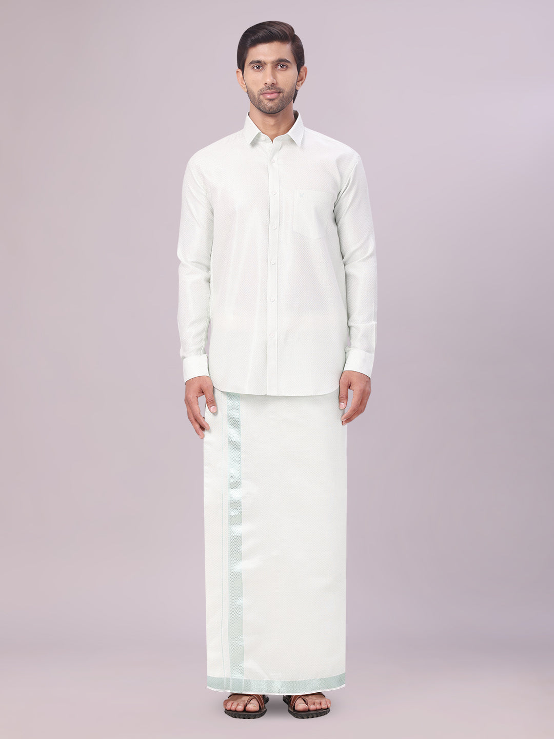 Mens Sky Green Tissue Jacquard Shirt with Matching Dhoti Combo Zeus