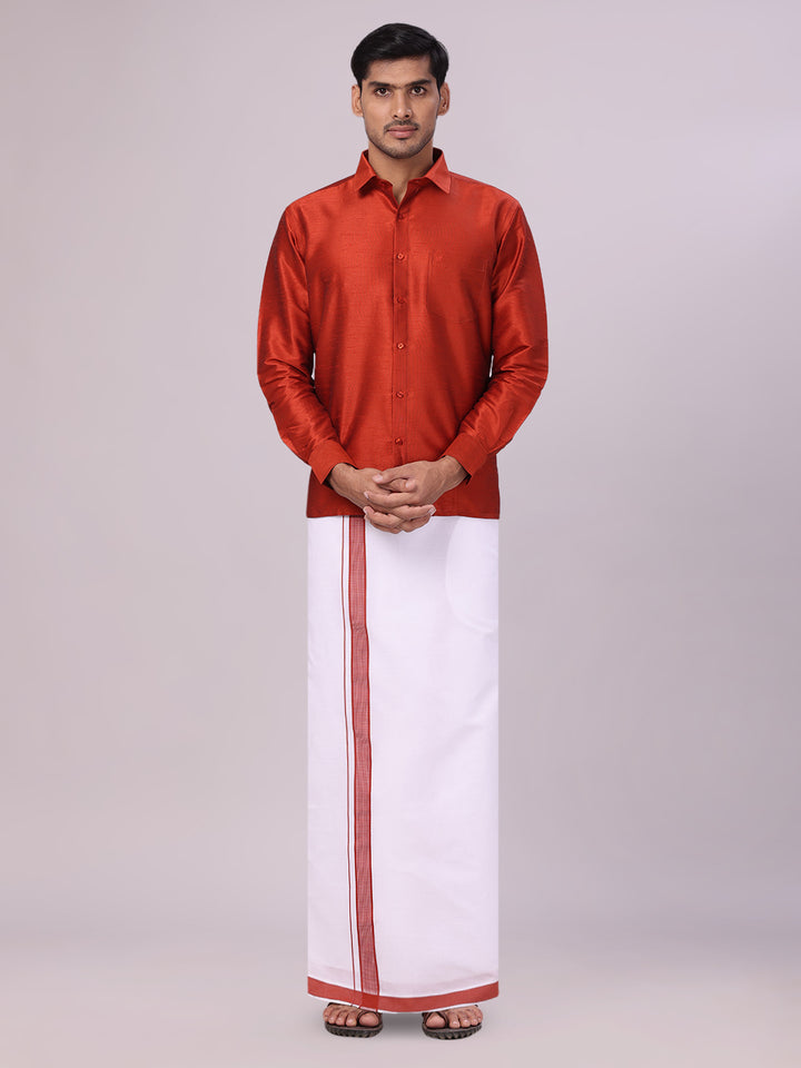 Men's Brick Red Dupion Satin Color Shirt with Matching Border Flexi Dhoti Combo Gora Flexi