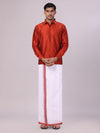 Men's Brick Red Dupion Satin Color Shirt with Matching Border Flexi Dhoti Combo Gora Flexi