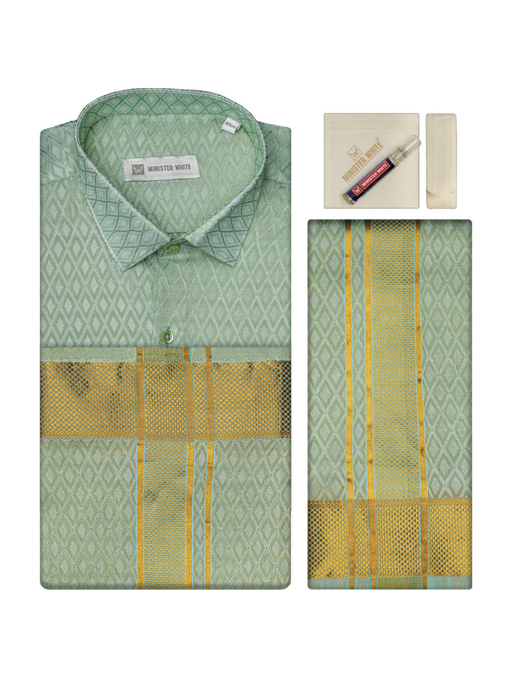 Mens Art Silk Pista Full Sleeves Shirt with 2 1/2"  Gold Jari Border & Towel Dhoti Combo Spruce