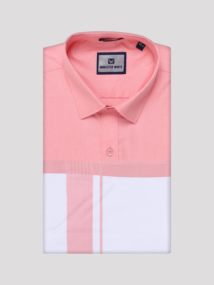 Mens Light Pink Color Shirt with Matching Border Dhoti Combo Casper