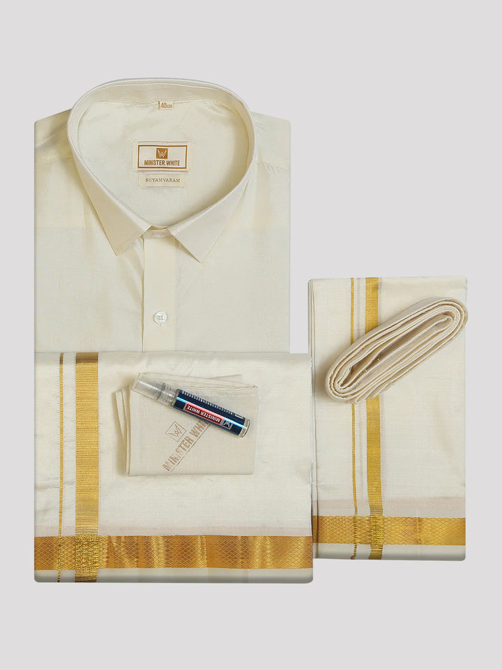 Men's Pure Silk Wedding Cream Shirt, Dhoti, Nerial with Belt Combo - Nesam 50K