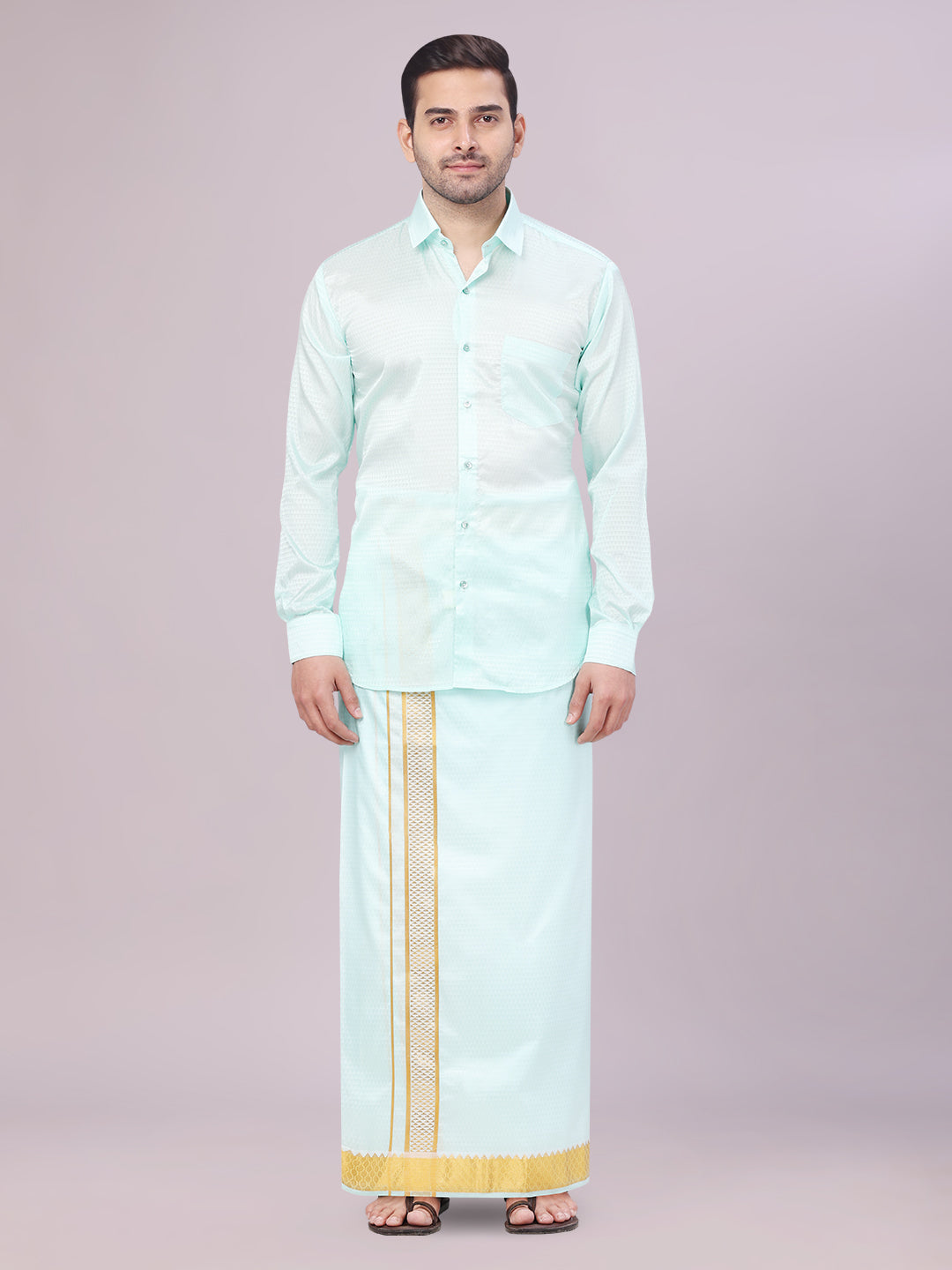 Men's Art Silk Mint Full Sleeves Shirt with 2 1/2" Gold Jari Border Dhoti Combo Neogen