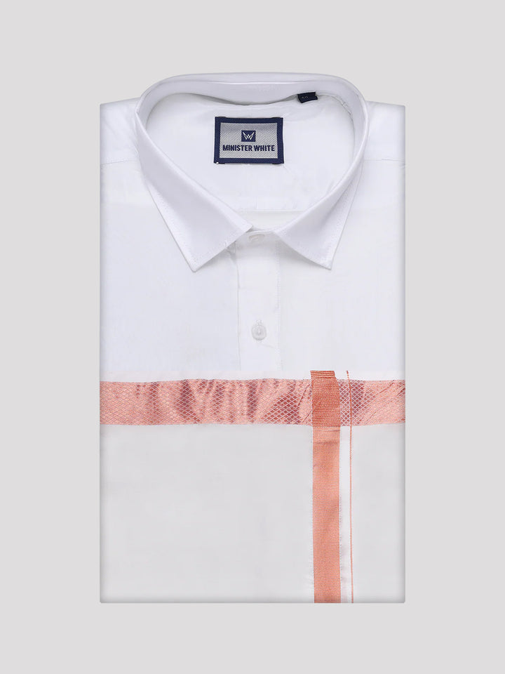 Men's Art Silk Off White Full Sleeves Shirt with Copper Jari Border Dhoti Combo Finesse