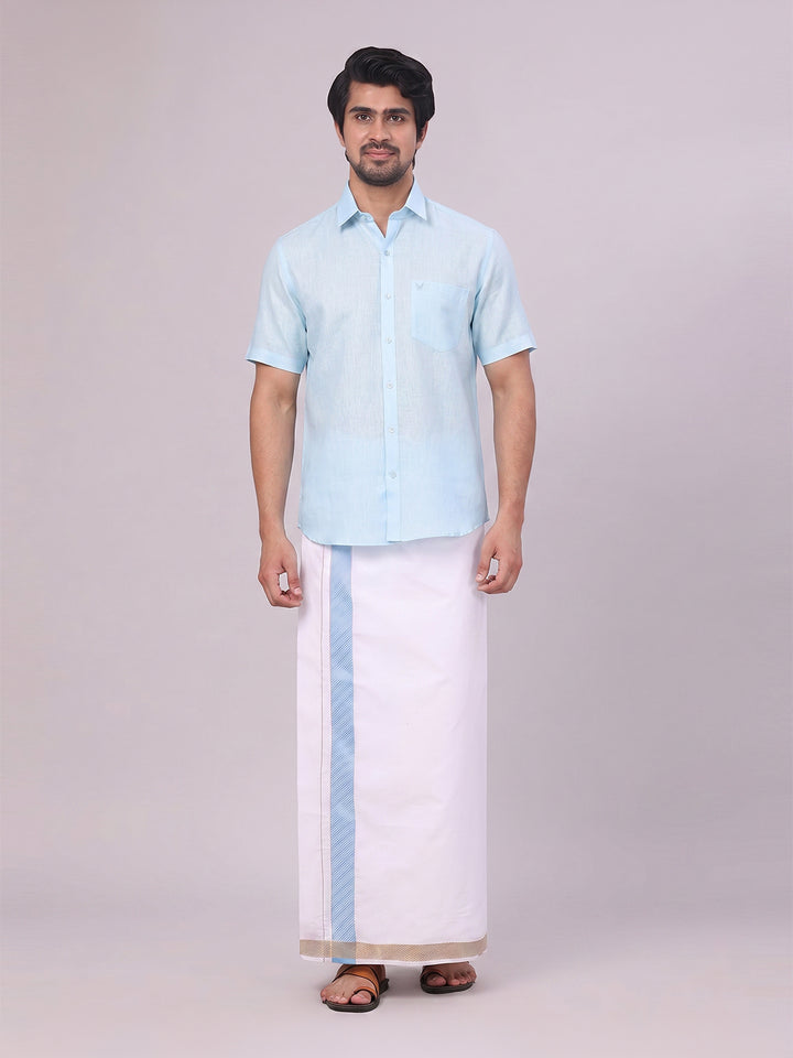 Mens Light Blue Shirt with Matching jacquard Weave Border Dhoti Combo Marsh