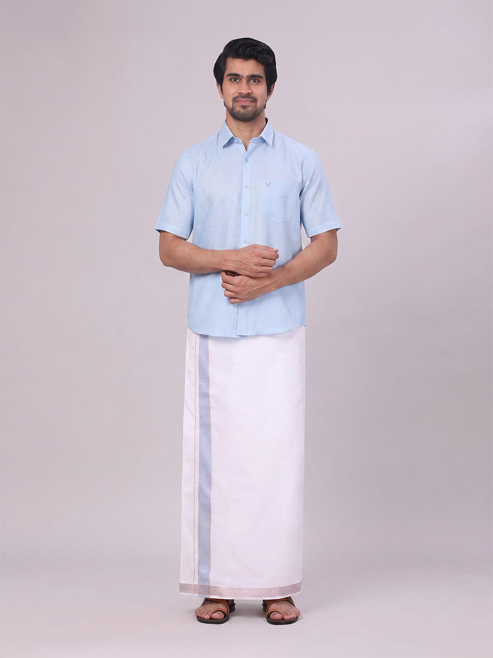 Men's Sky Blue Shirt with Matching jacquard Weave Border Dhoti Combo Marsh