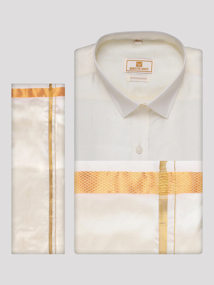 Men's Silk Mix Wedding Cream Shirt, Dhoti, Nerial with Belt Combo - Thamboolam