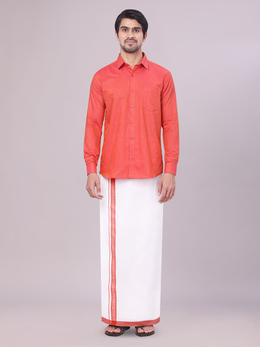 Men's Dark Pink Colour Shirt with Matching Fancy Border Dhoti Combo Lemax side pose