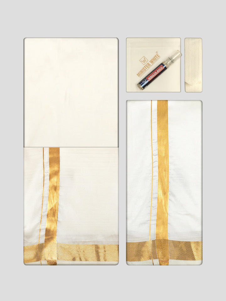 Men's Premium Art Silk Cream Shirt Bit with 70k Gold Jari Border Dhoti Towel Combo Wedding Wonders