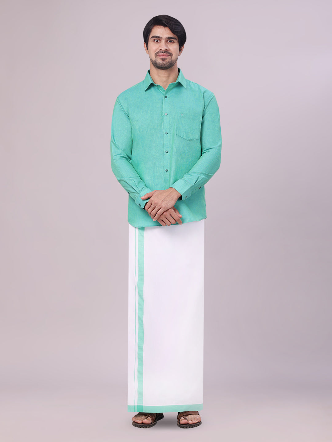 Mens Light Blue Colour Shirt with Matching Fancy Border Dhoti Combo Lemax