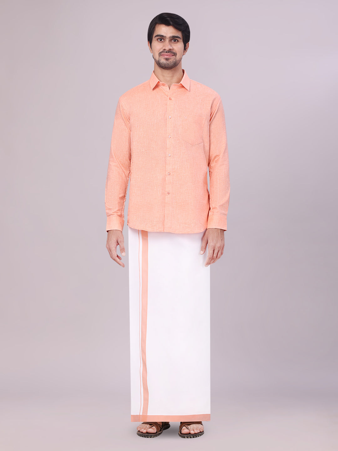 Men's Peach Colour Shirt with Matching Fancy Border Dhoti Combo Lemax