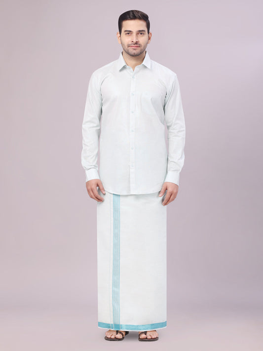 Men's Tissue Mint Blue Shirt with Jacquard Fancy Border Dhoti Wedding Combo Nios
