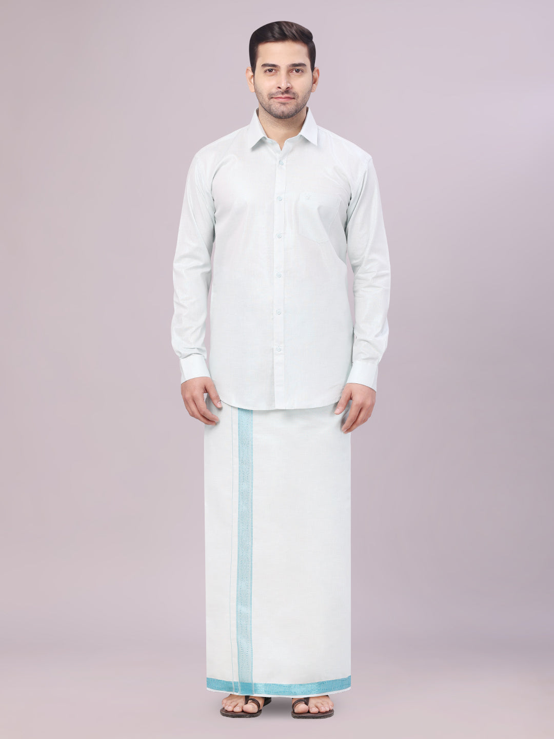 Men's Tissue Mint Blue Shirt with Jacquard Fancy Border Dhoti Wedding Combo Nios