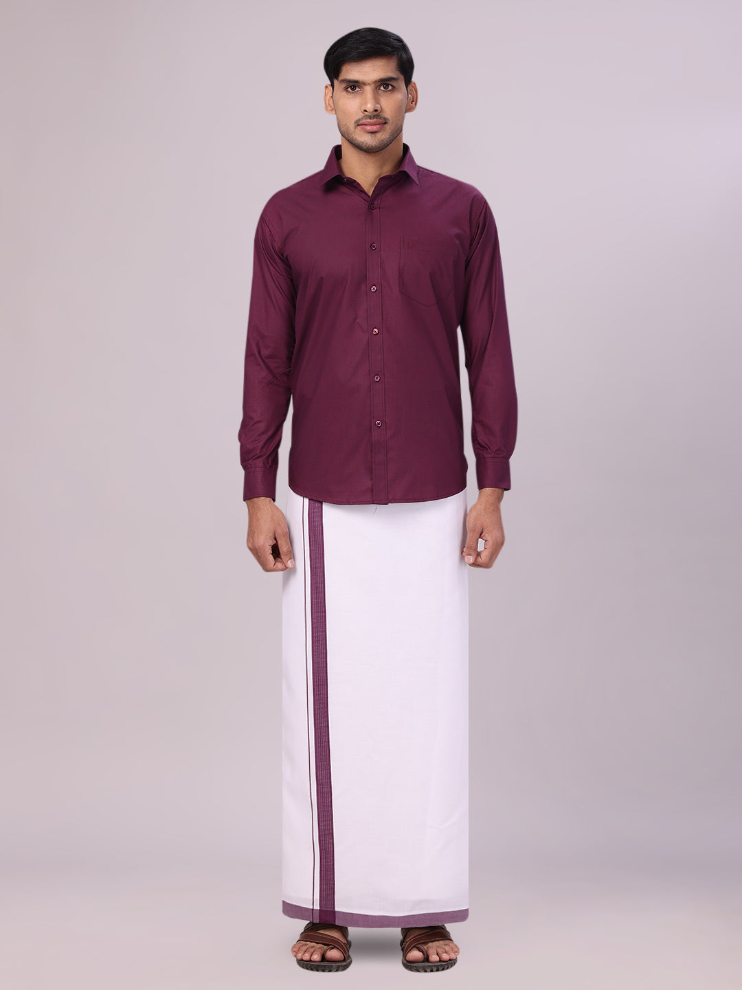 Men's Dark Wine Shirt with Matching Border Flexi Dhoti Combo Casper Flexi