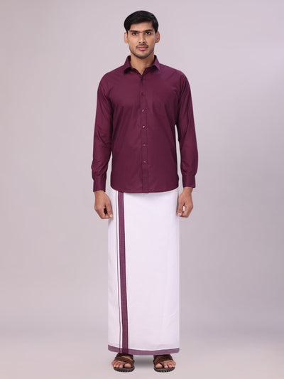 Men's Dark Wine Shirt with Matching Border Flexi Dhoti Combo Casper Flexi