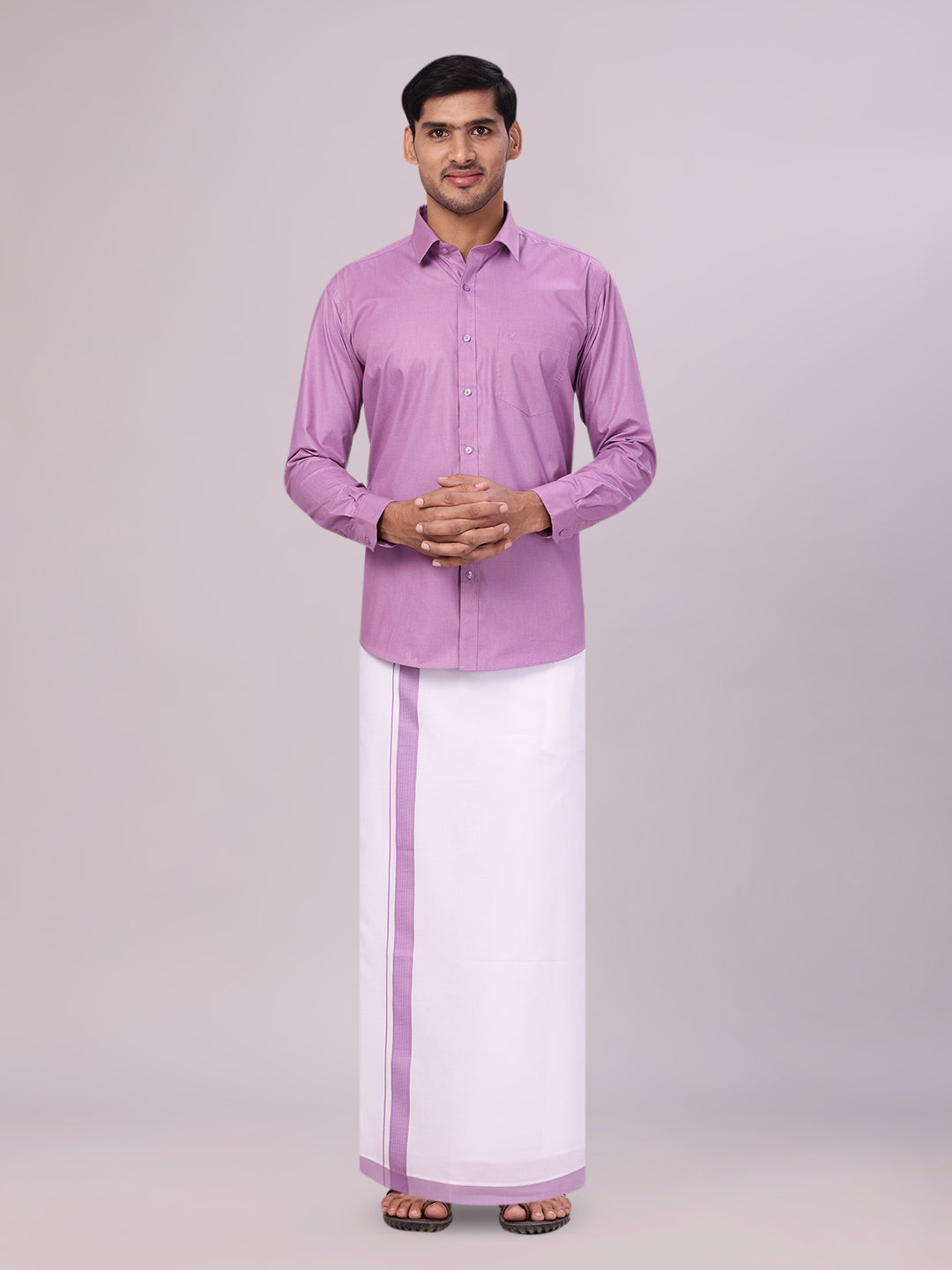 Mens Light Purple Color Shirt with Matching Border Dhoti Combo Casper