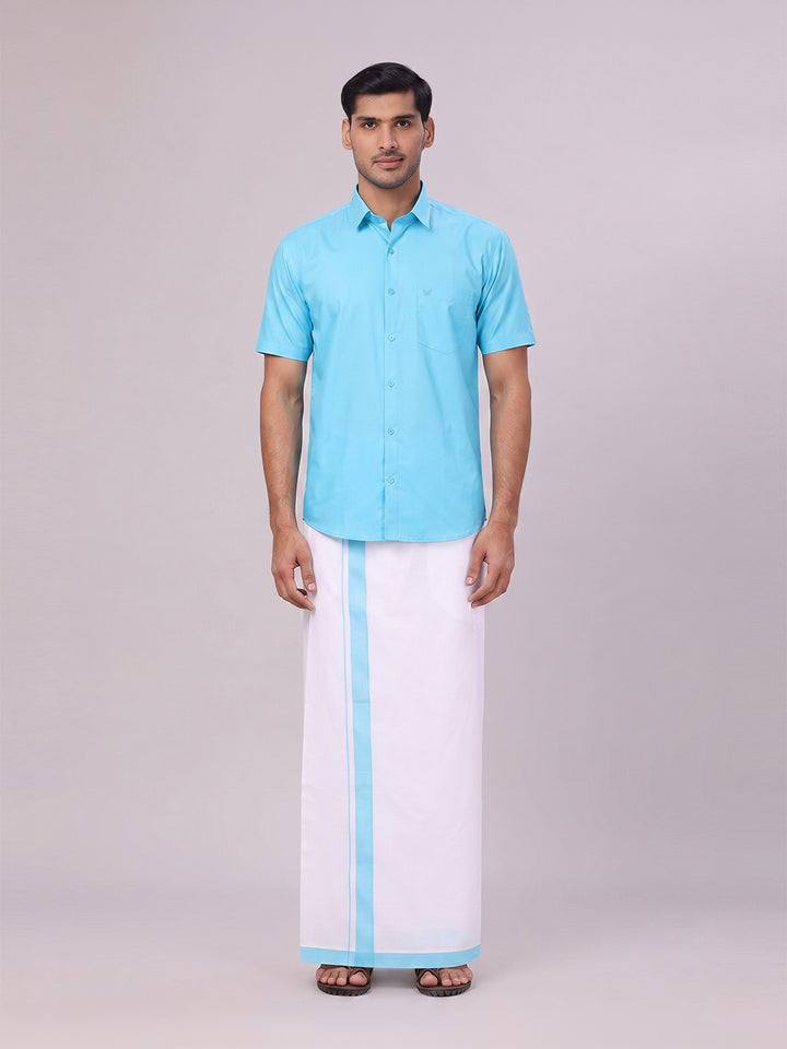 Mens Sky Blue Color Shirt with Matching Border Dhoti Combo Casper