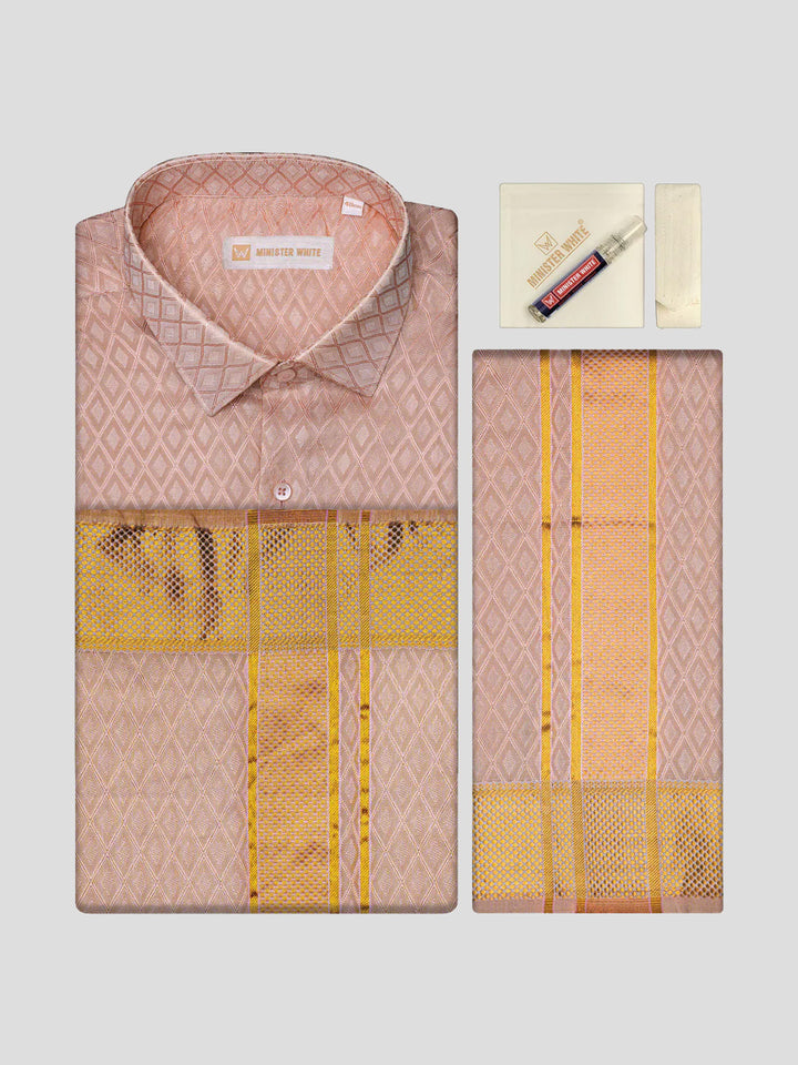 Men's Art Silk Pink Full Sleeves  Jacquard Shirt with 2 1/2" Gold Jari Border & Towel Dhoti Combo Spruce